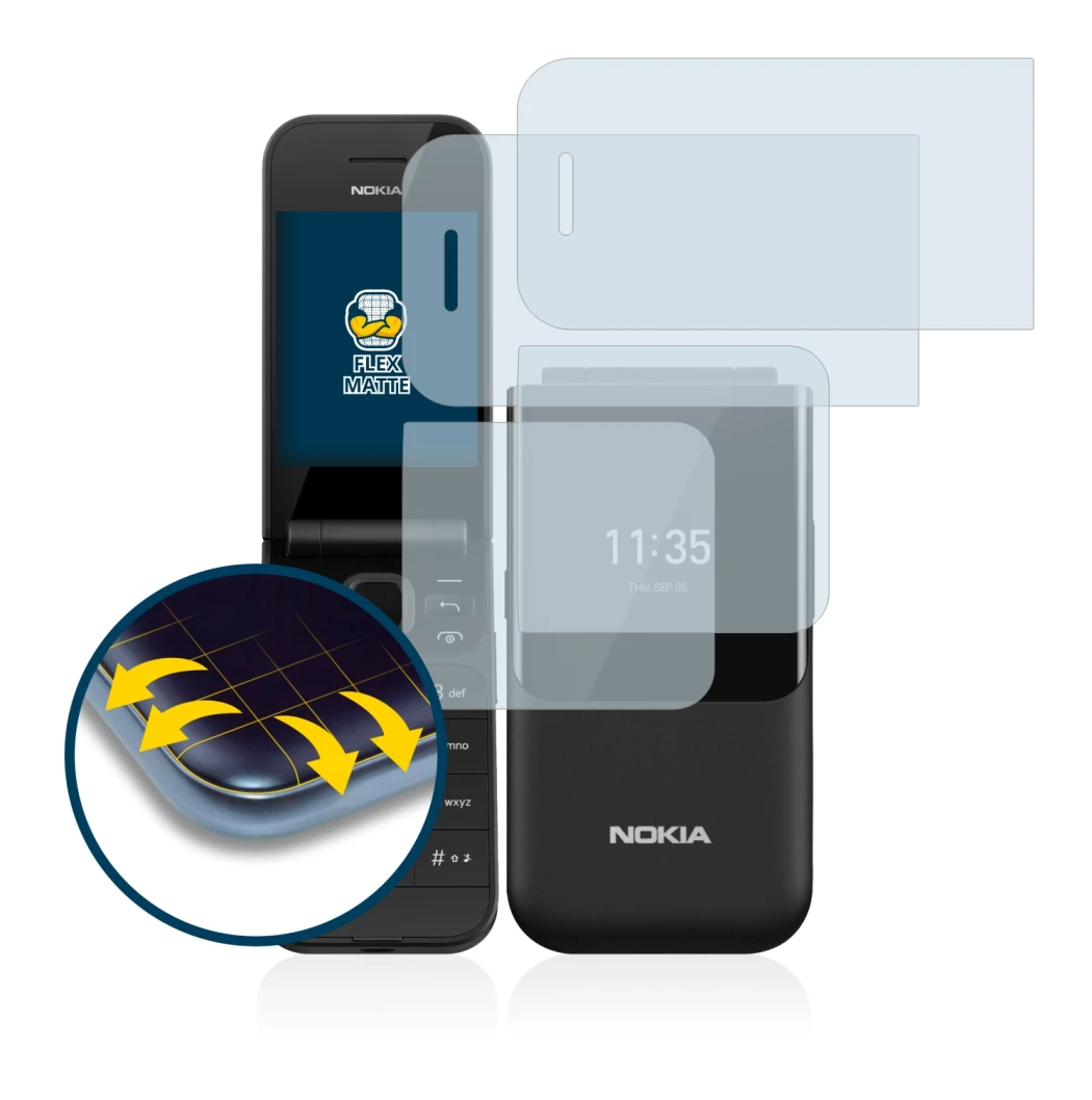 Immagine del dispositivo Nokia 2720 Flip con un'ampia varietà di protezioni per lo schermo.