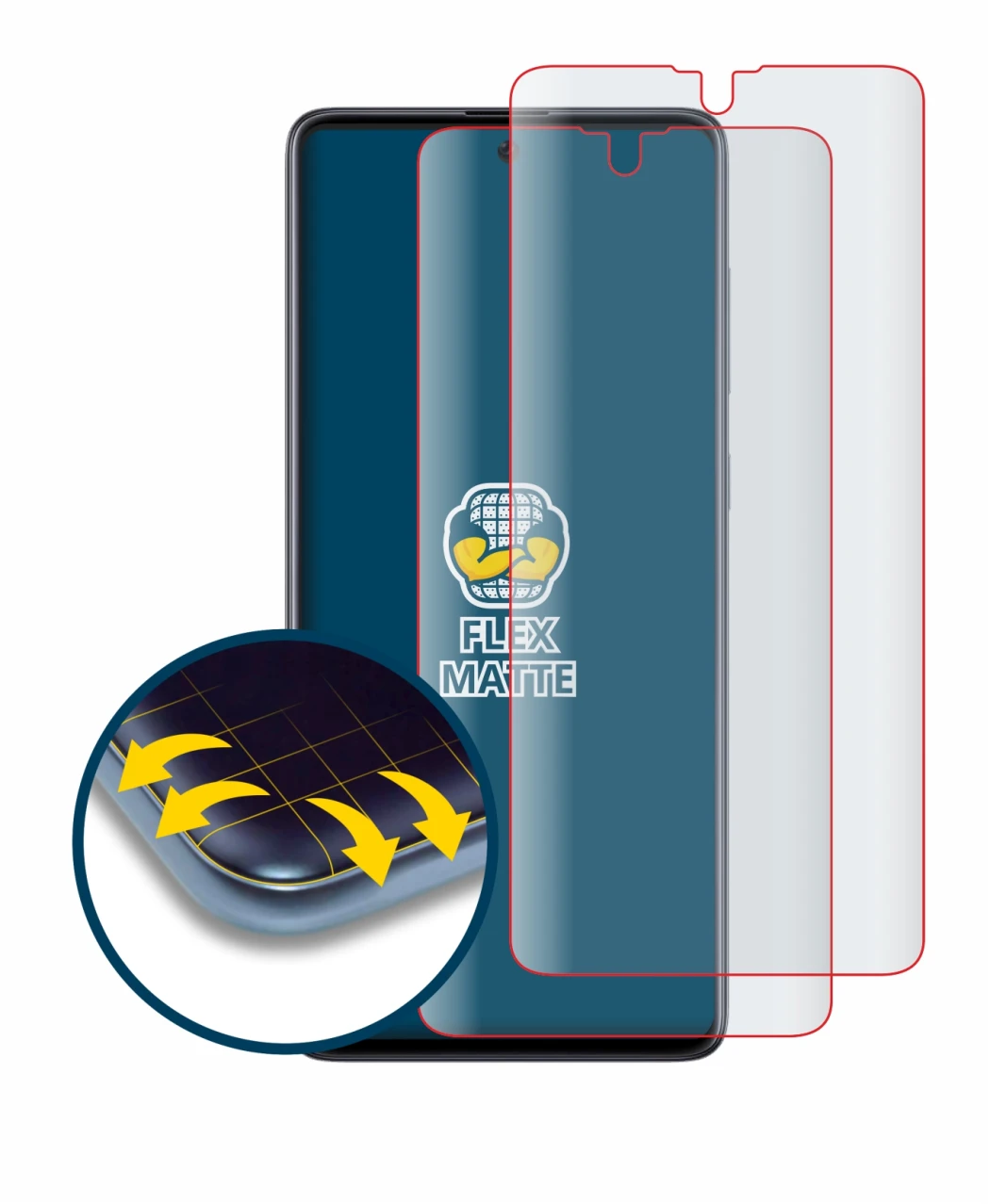 Immagine del dispositivo Samsung Galaxy A71 con un'ampia varietà di protezioni per lo schermo.