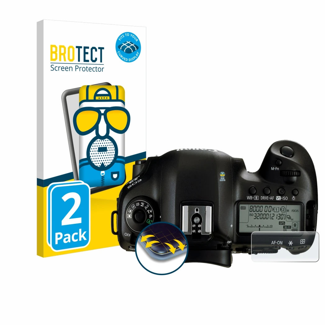 Parte frontale di una confezione del prodotto con il logo del marchio BROTECT. Accanto è raffigurato il dispositivo Canon EOS