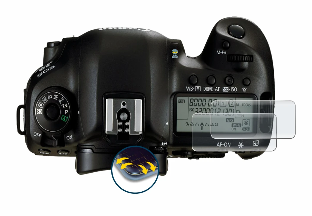 Immagine del dispositivo Canon EOS 5D Mark IV (display a spalla) con un'ampia varietà di protezioni per lo schermo.