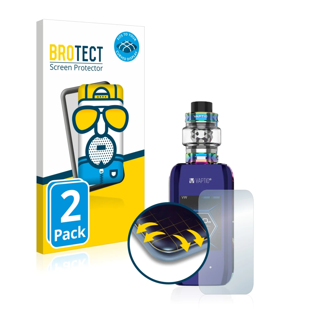 Parte frontale di una confezione del prodotto con il logo del marchio BROTECT. Accanto è raffigurato il dispositivo Vaptio X-H