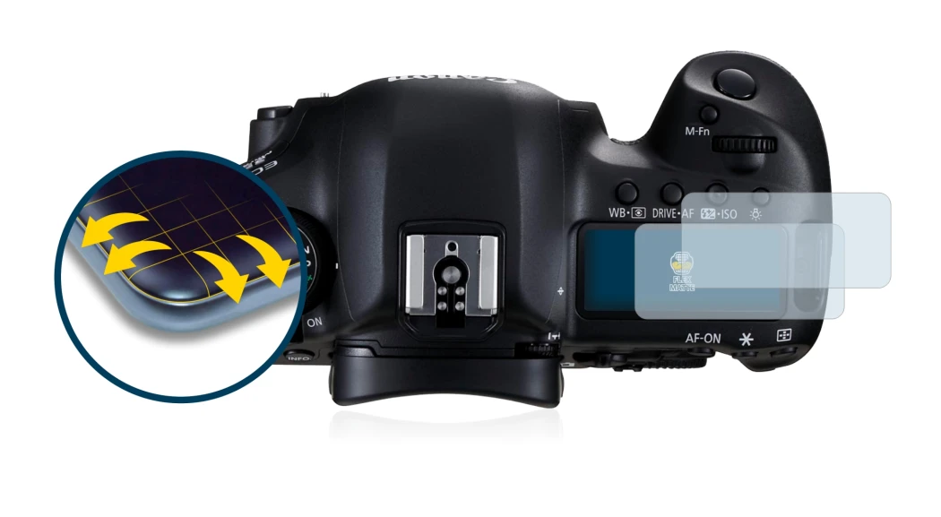 Immagine del dispositivo Canon EOS 5D Mark III (display a spalla) con un'ampia varietà di protezioni per lo schermo.