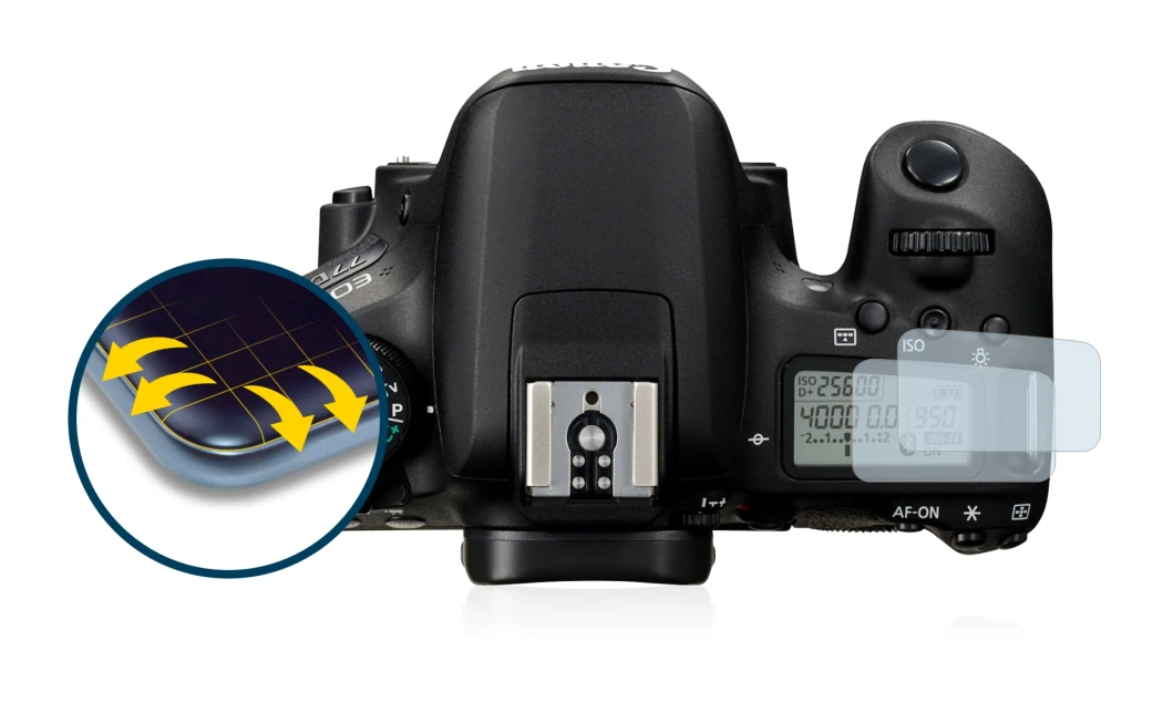 Immagine del dispositivo Canon EOS 77D (display a spalla) con un'ampia varietà di protezioni per lo schermo.