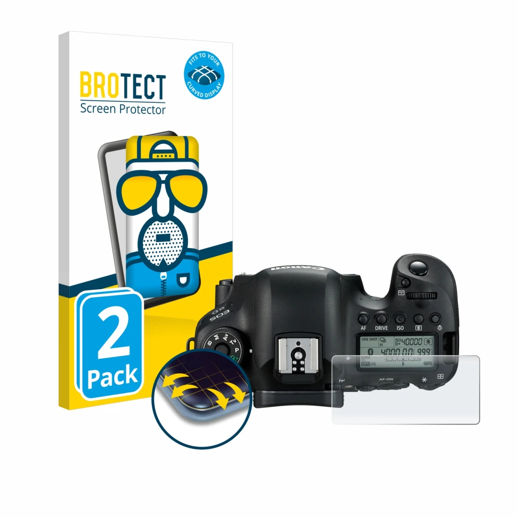 Parte frontale di una confezione del prodotto con il logo del marchio BROTECT. Accanto è raffigurato il dispositivo Canon EOS 