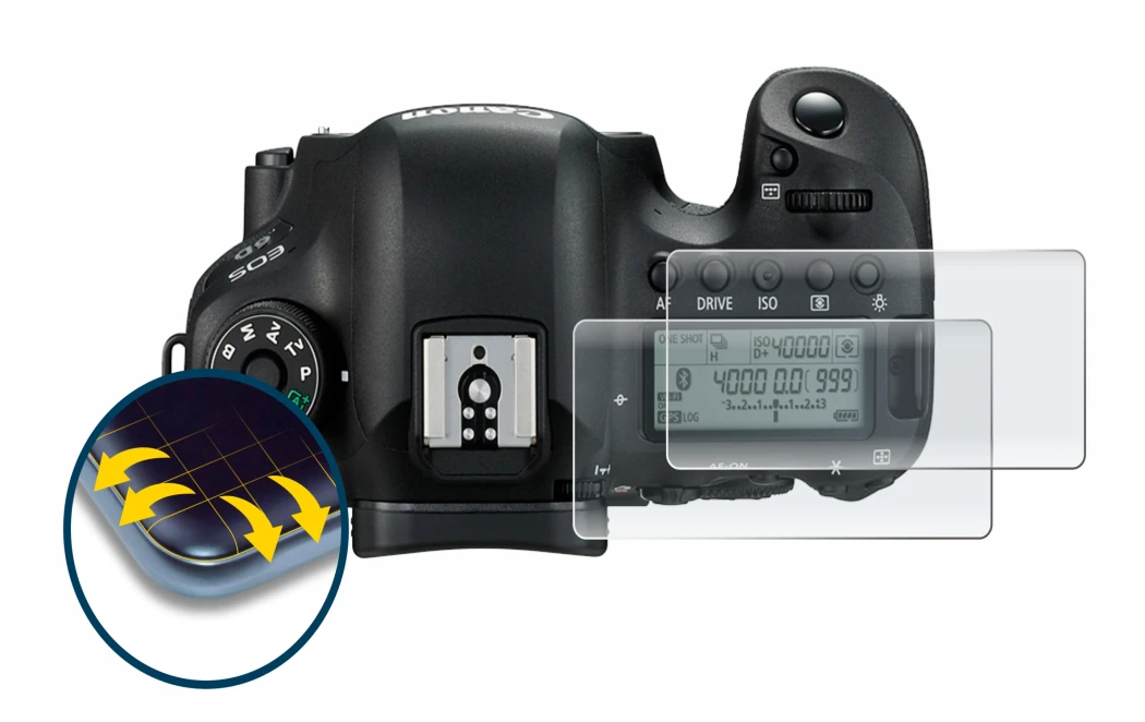 Immagine del dispositivo Canon EOS 6D (display a spalla) con un'ampia varietà di protezioni per lo schermo.