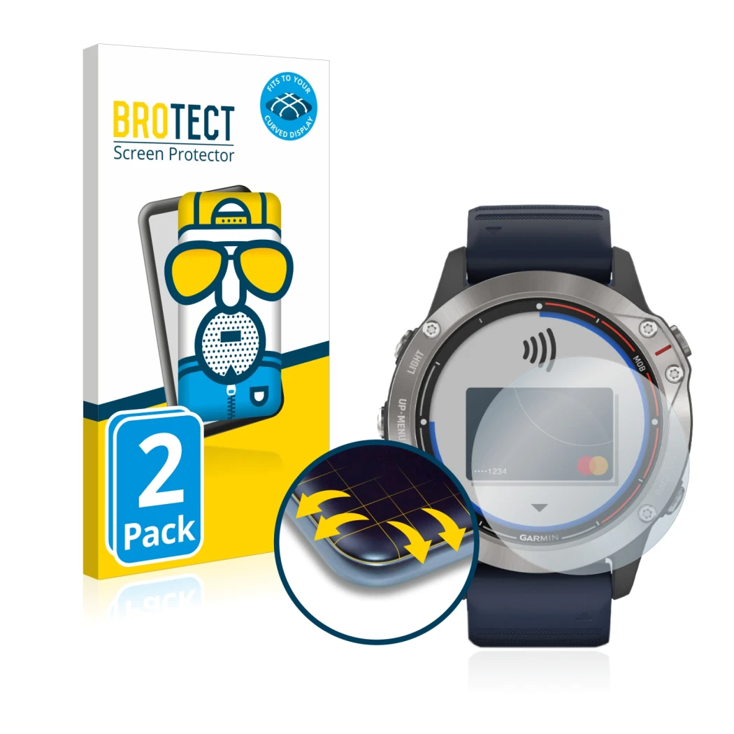 Parte frontale di una confezione del prodotto con il logo del marchio BROTECT. Accanto è raffigurato il dispositivo Garmin qua