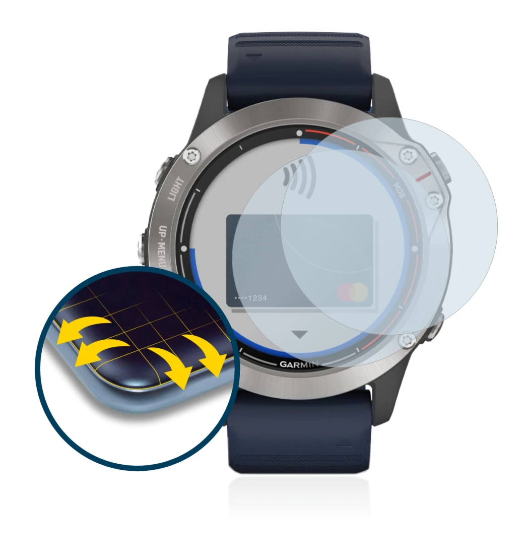Immagine del dispositivo Garmin quatix 6 con un'ampia varietà di protezioni per lo schermo.