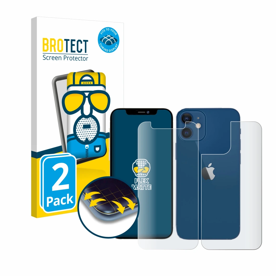 Parte frontale di una confezione del prodotto con il logo del marchio BROTECT. Accanto è raffigurato il dispositivo Apple iPho
