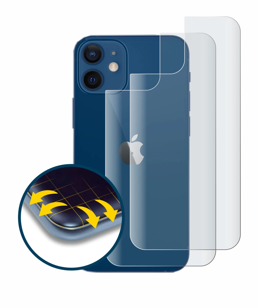 Immagine del dispositivo Apple iPhone 12 (Posteriore) con un'ampia varietà di protezioni per lo schermo.