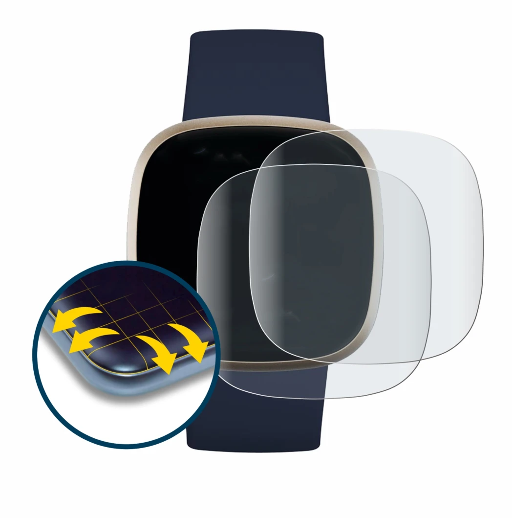 Immagine del dispositivo Fitbit Versa 3 con un'ampia varietà di protezioni per lo schermo.