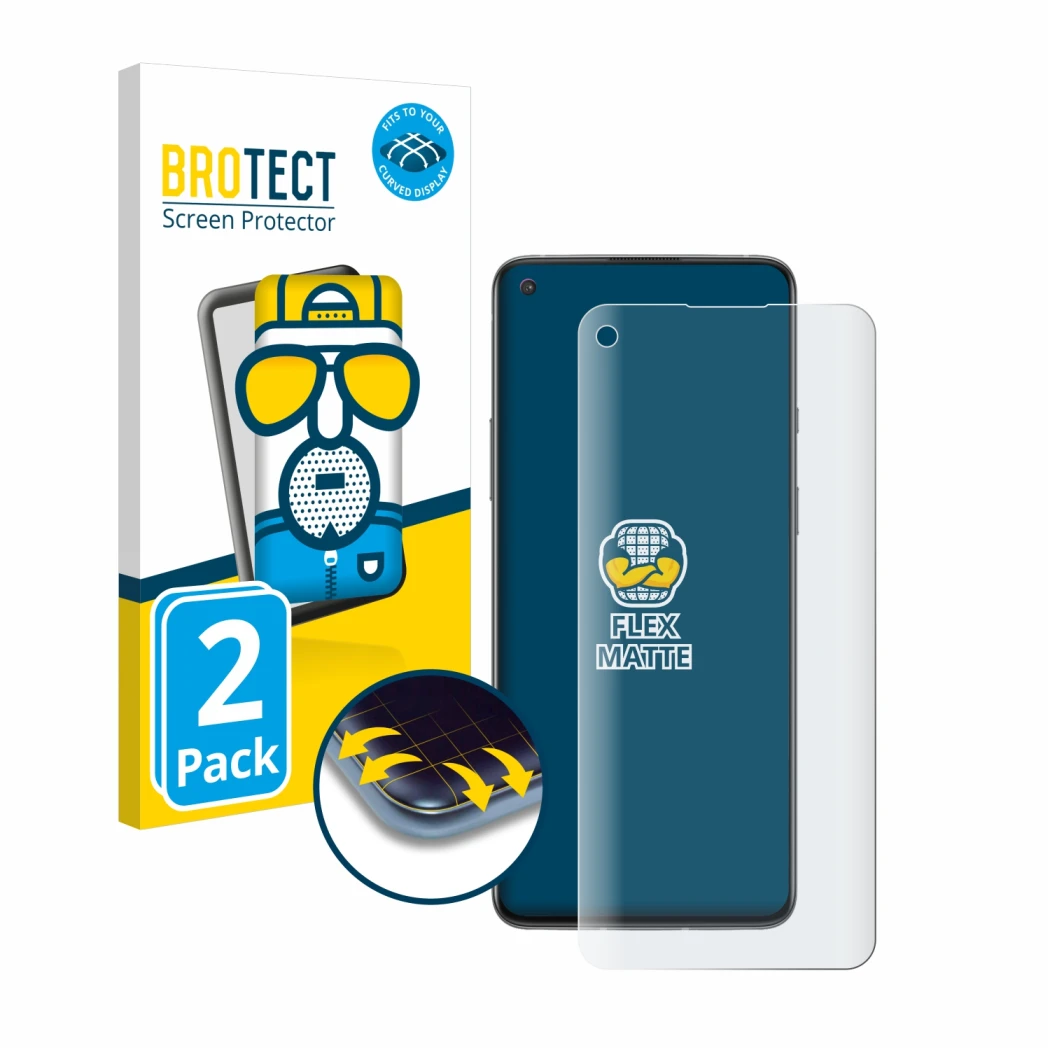 Parte frontale di una confezione del prodotto con il logo del marchio BROTECT. Accanto è raffigurato il dispositivo OnePlus 8T