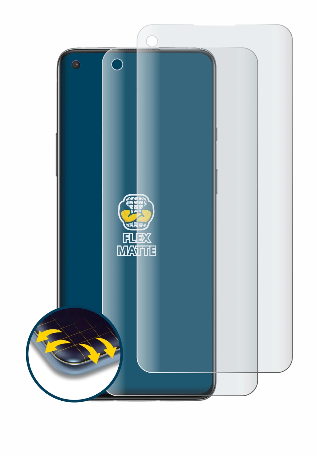 Immagine del dispositivo OnePlus 8T con un'ampia varietà di protezioni per lo schermo.