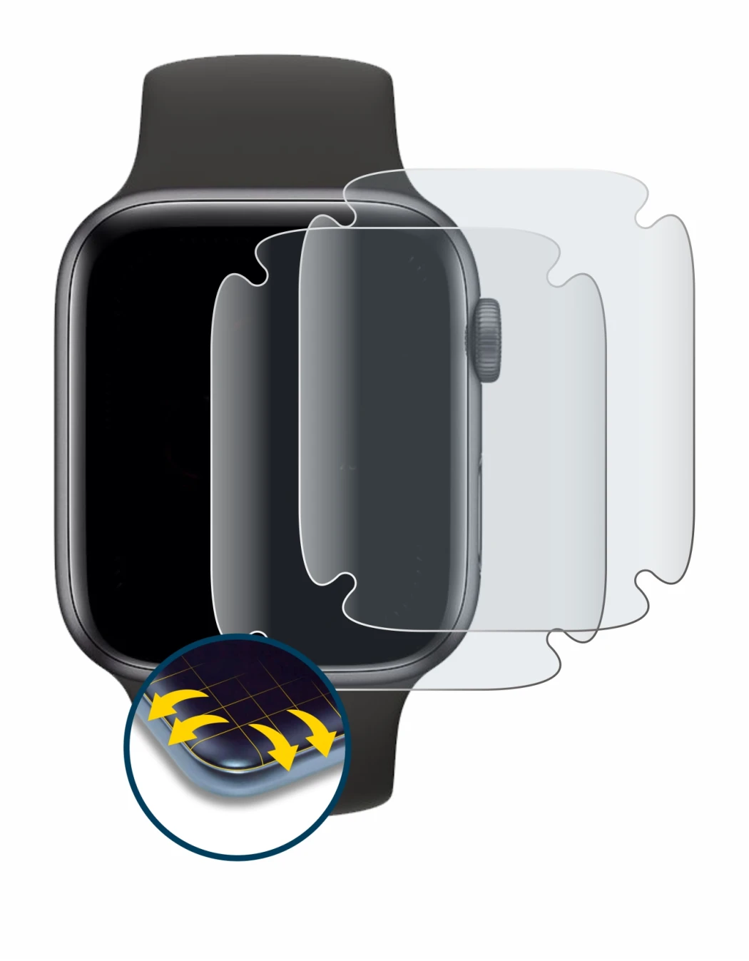 Immagine del dispositivo Apple Watch SE (40 mm) con un'ampia varietà di protezioni per lo schermo.