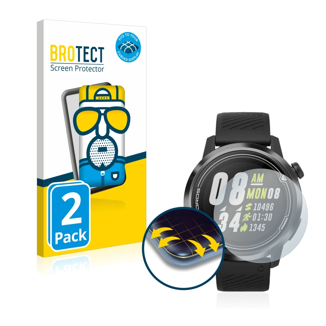 Parte frontale di una confezione del prodotto con il logo del marchio BROTECT. Accanto è raffigurato il dispositivo Coros Apex