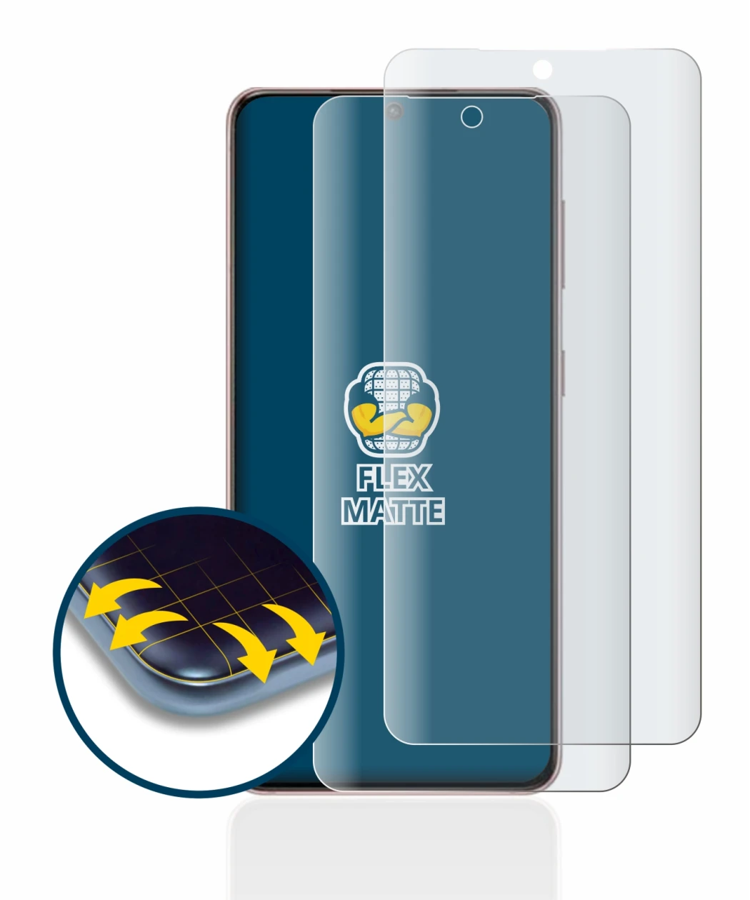 Immagine del dispositivo Samsung Galaxy S21 5G con un'ampia varietà di protezioni per lo schermo.