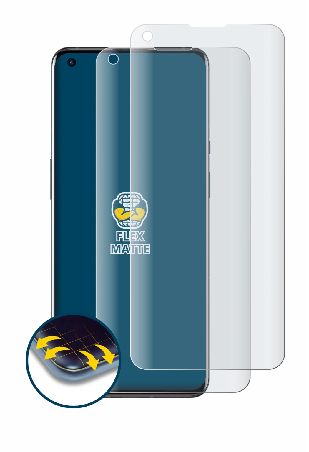Immagine del dispositivo OnePlus 9 Pro con un'ampia varietà di protezioni per lo schermo.
