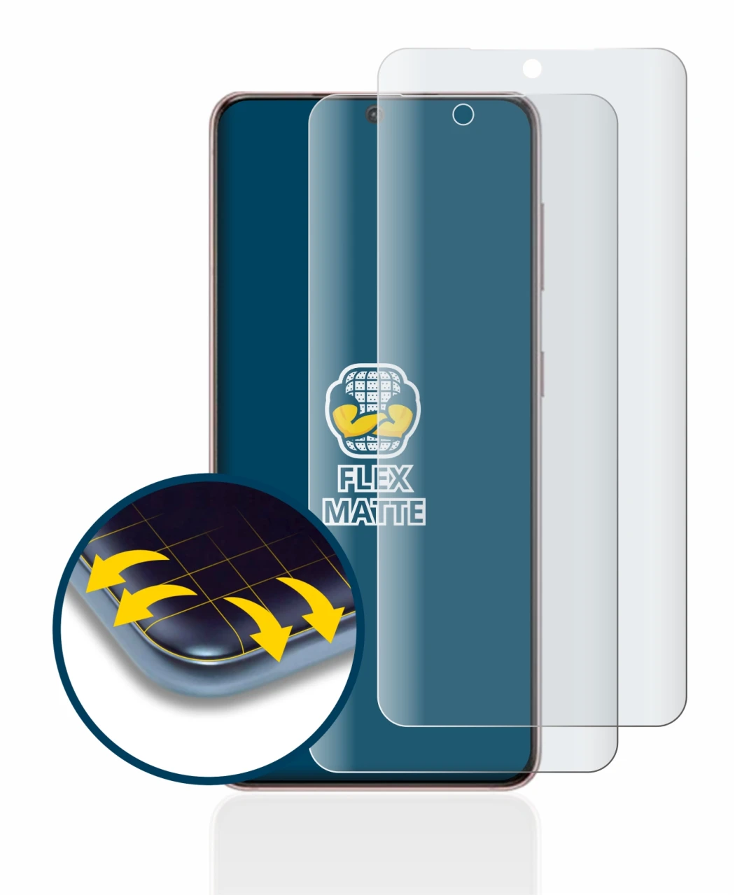 Immagine del dispositivo Samsung Galaxy S21 con un'ampia varietà di protezioni per lo schermo.