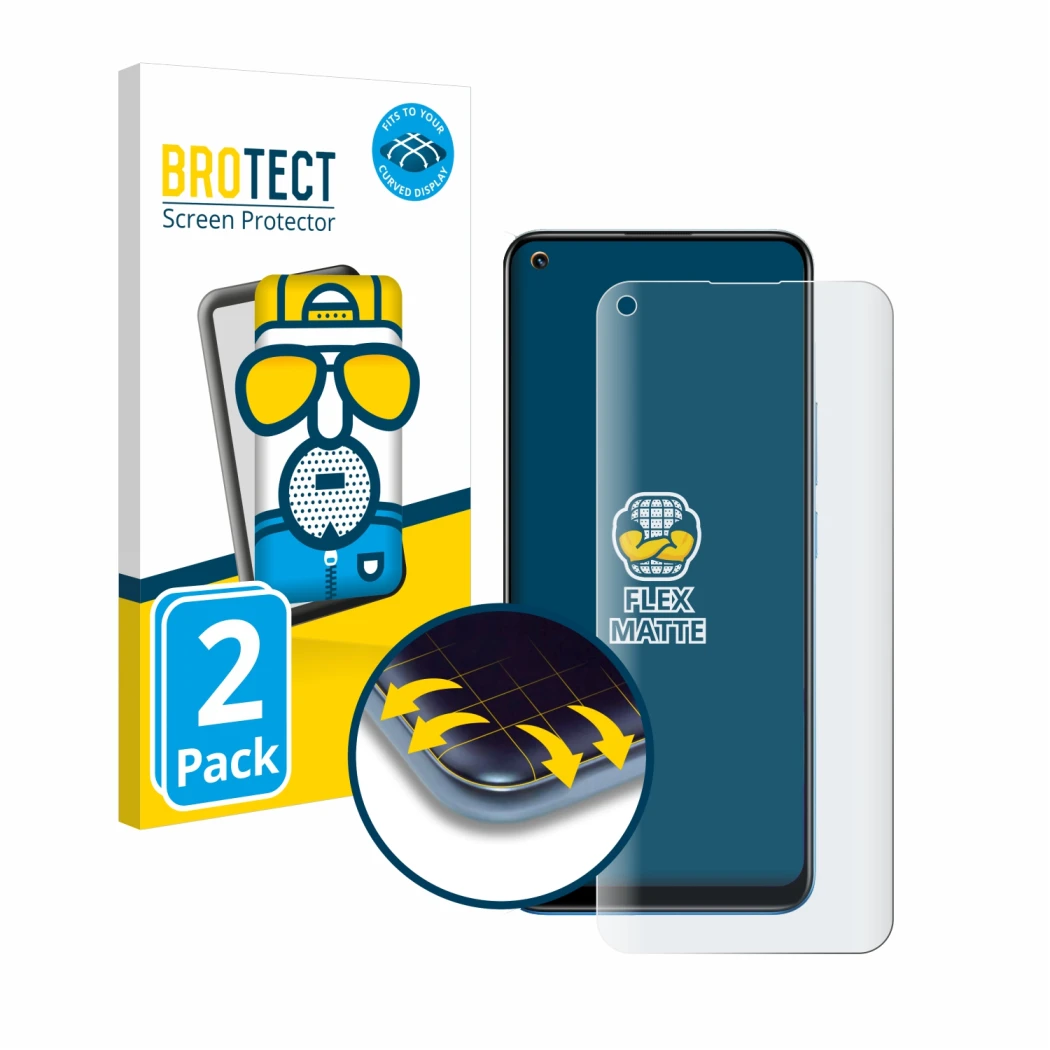 Parte frontale di una confezione del prodotto con il logo del marchio BROTECT. Accanto è raffigurato il dispositivo realme 8 c