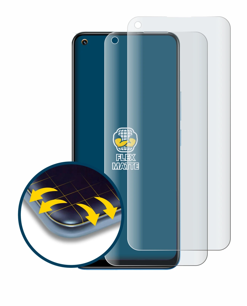 Immagine del dispositivo realme 8 con un'ampia varietà di protezioni per lo schermo.