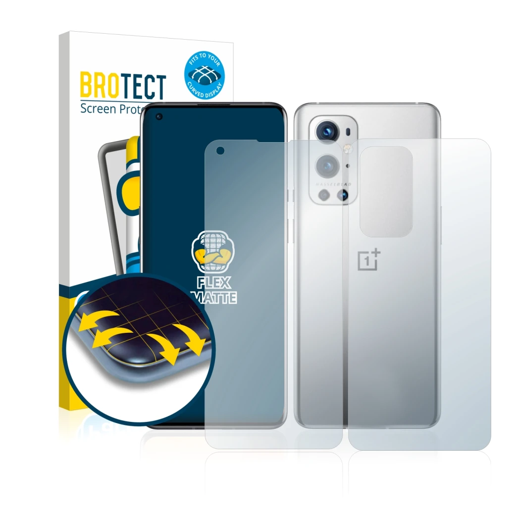Parte frontale di una confezione del prodotto con il logo del marchio BROTECT. Accanto è raffigurato il dispositivo OnePlus 9