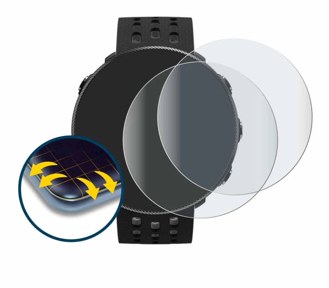 Immagine del dispositivo Polar Vantage M2 con un'ampia varietà di protezioni per lo schermo.