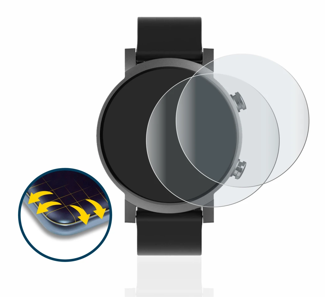 Immagine del dispositivo Mobvoi Ticwatch E3 con un'ampia varietà di protezioni per lo schermo.