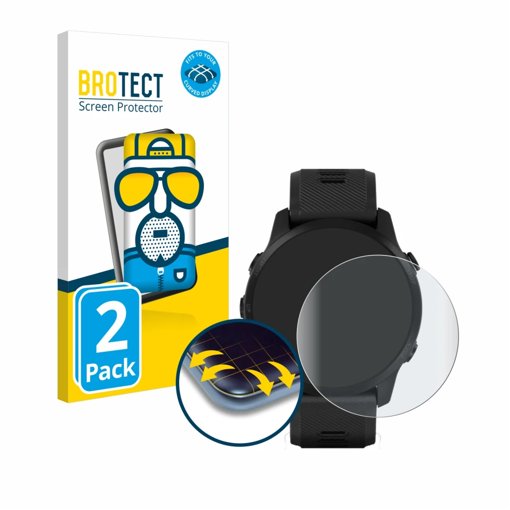 Parte frontale di una confezione del prodotto con il logo del marchio BROTECT. Accanto è raffigurato il dispositivo Garmin For