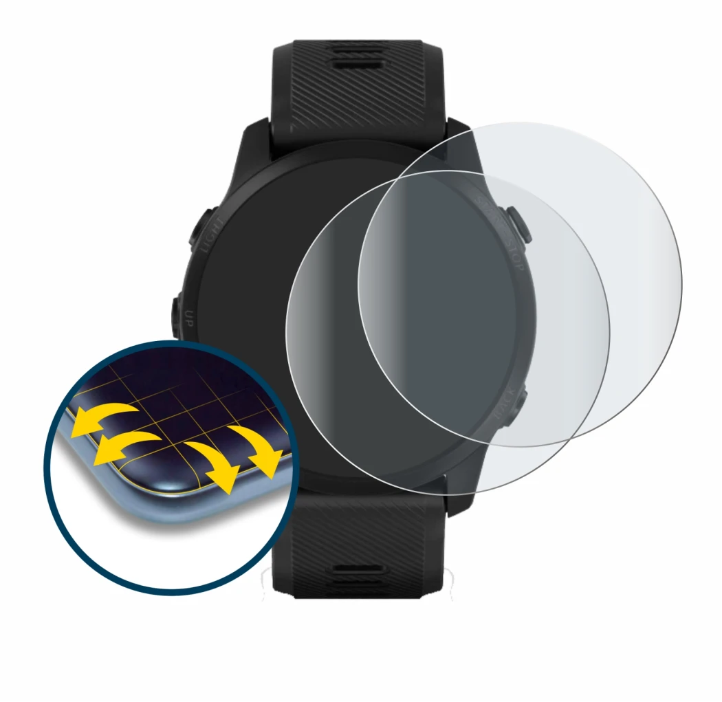 Immagine del dispositivo Garmin Forerunner 945 LTE con un'ampia varietà di protezioni per lo schermo.