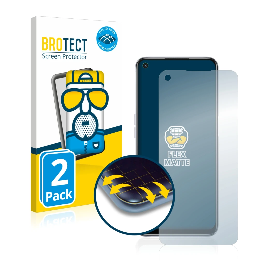Parte frontale di una confezione del prodotto con il logo del marchio BROTECT. Accanto è raffigurato il dispositivo Oppo A54 5