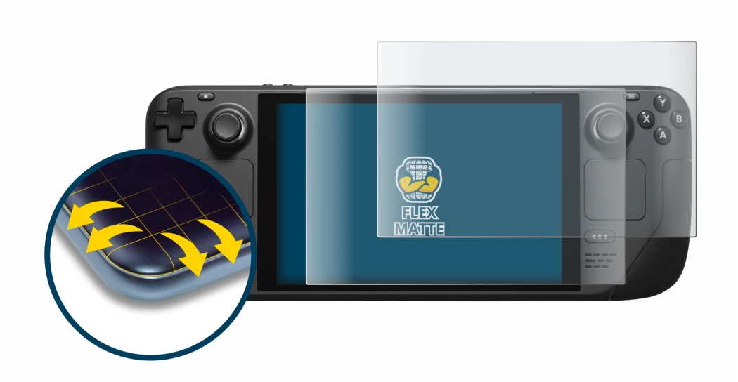 Immagine del dispositivo Valve Steam Deck con un'ampia varietà di protezioni per lo schermo.