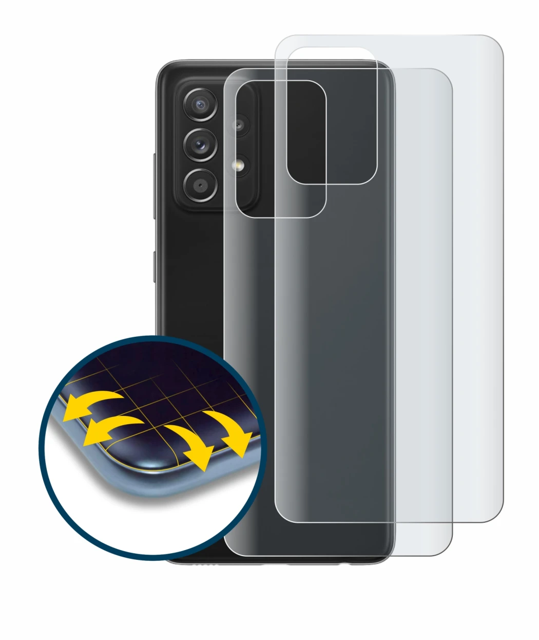 Immagine del dispositivo Samsung Galaxy A52s 5G (Posteriore) con un'ampia varietà di protezioni per lo schermo.