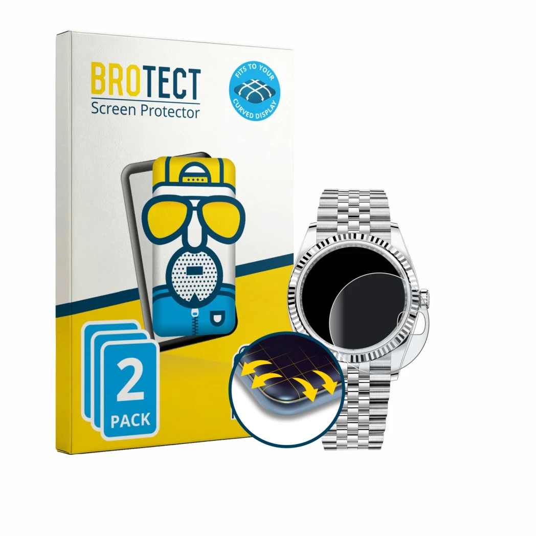 Parte frontale di una confezione del prodotto con il logo del marchio BROTECT. Accanto è raffigurato il dispositivo Rolex Date
