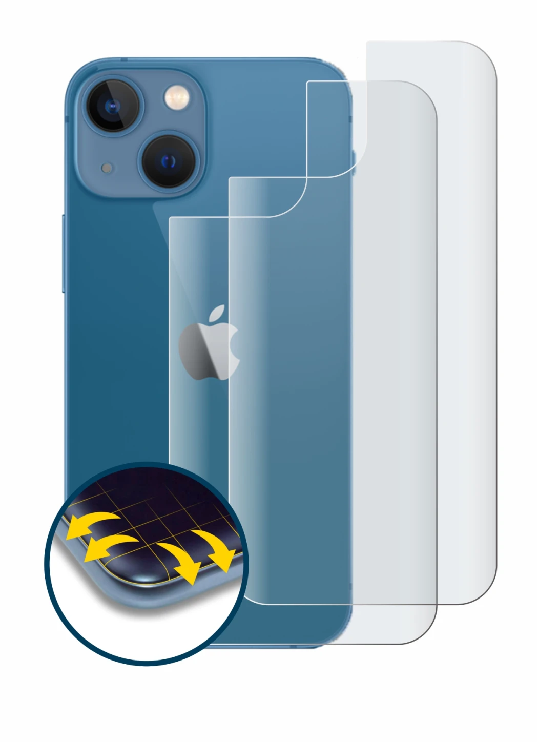 Immagine del dispositivo Apple iPhone 13 mini (Posteriore) con un'ampia varietà di protezioni per lo schermo.