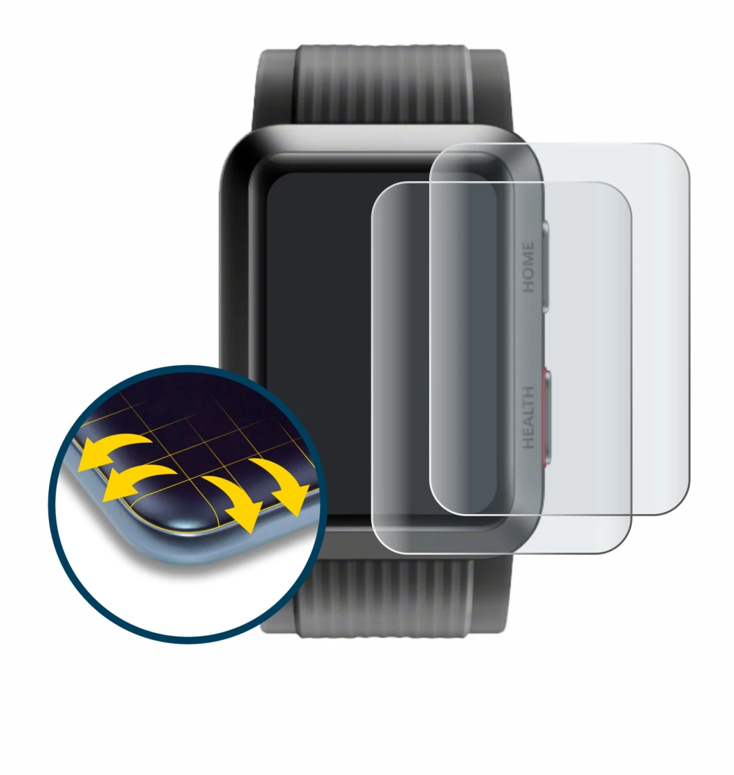 Immagine del dispositivo Huawei Watch D con un'ampia varietà di protezioni per lo schermo.
