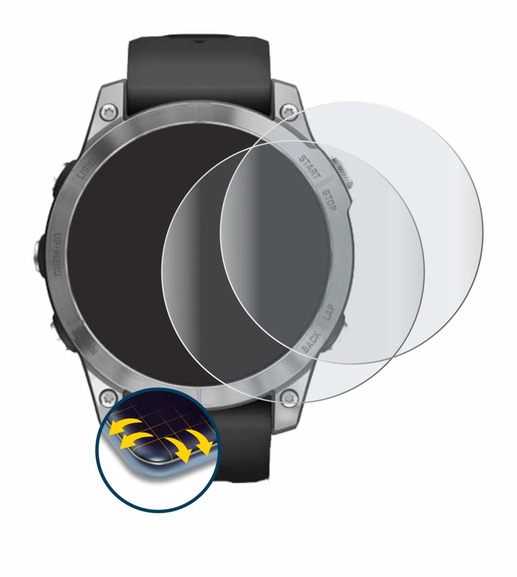Immagine del dispositivo Garmin Fenix 7 (47 mm) con un'ampia varietà di protezioni per lo schermo.