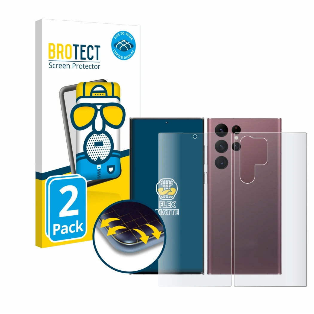 Parte frontale di una confezione del prodotto con il logo del marchio BROTECT. Accanto è raffigurato il dispositivo Samsung Ga