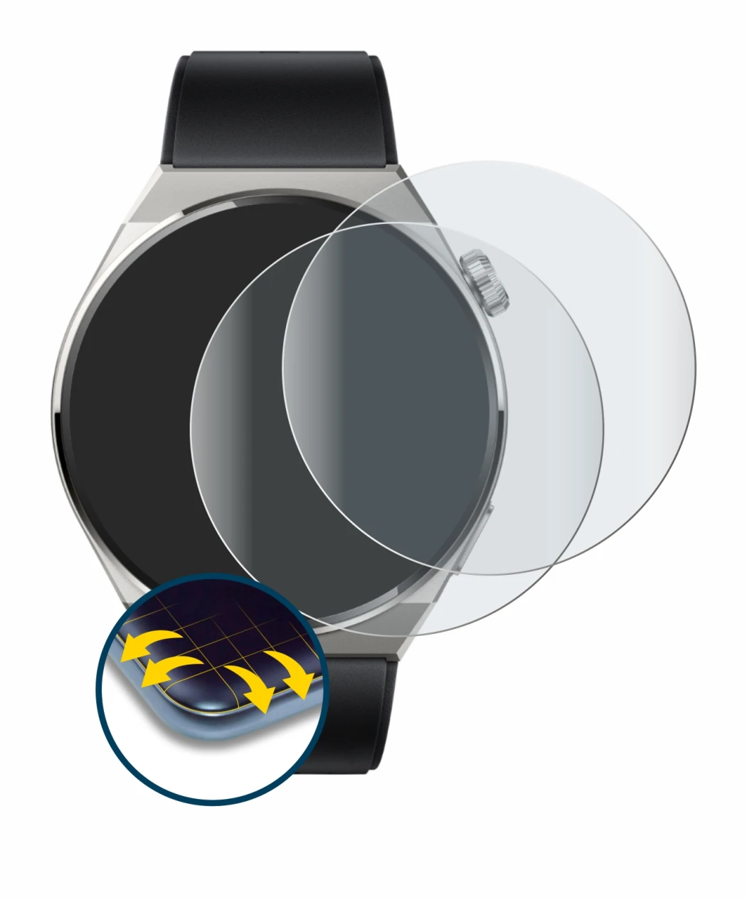 Immagine del dispositivo Huawei Watch GT 3 Pro Titanium (46mm) con un'ampia varietà di protezioni per lo schermo.