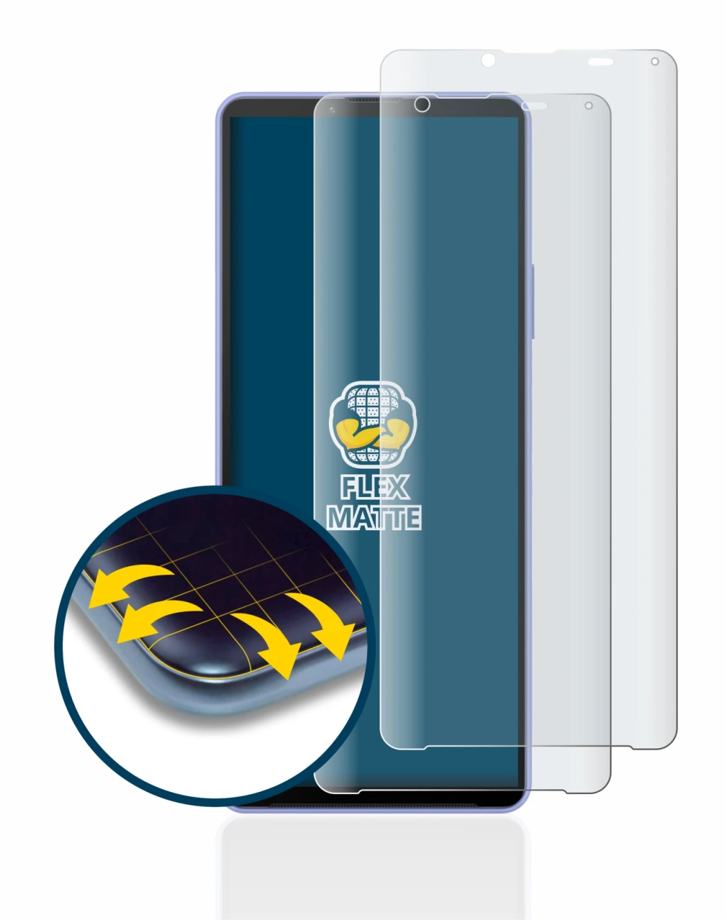 Immagine del dispositivo Sony Xperia 10 IV con un'ampia varietà di protezioni per lo schermo.