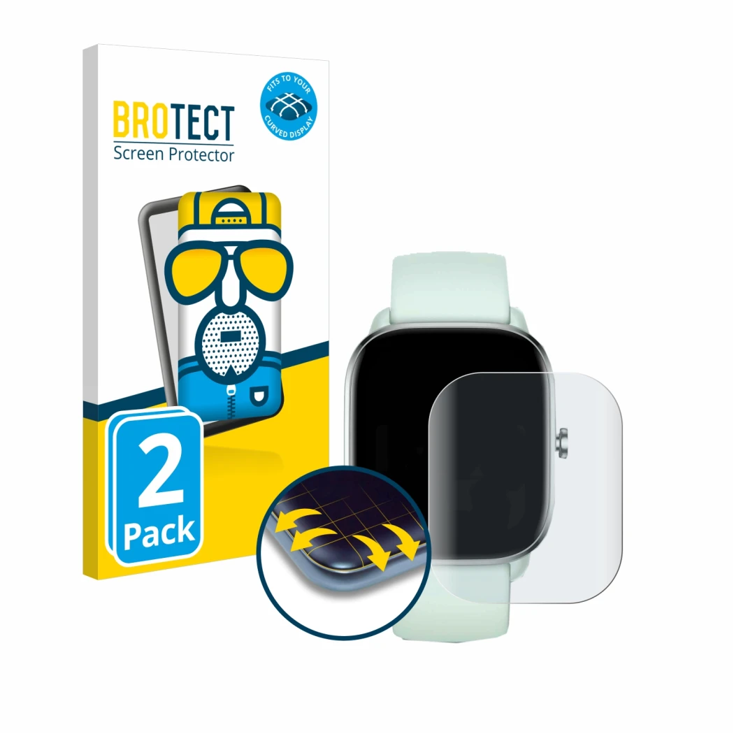 Parte frontale di una confezione del prodotto con il logo del marchio BROTECT. Accanto è raffigurato il dispositivo Huami Amaz