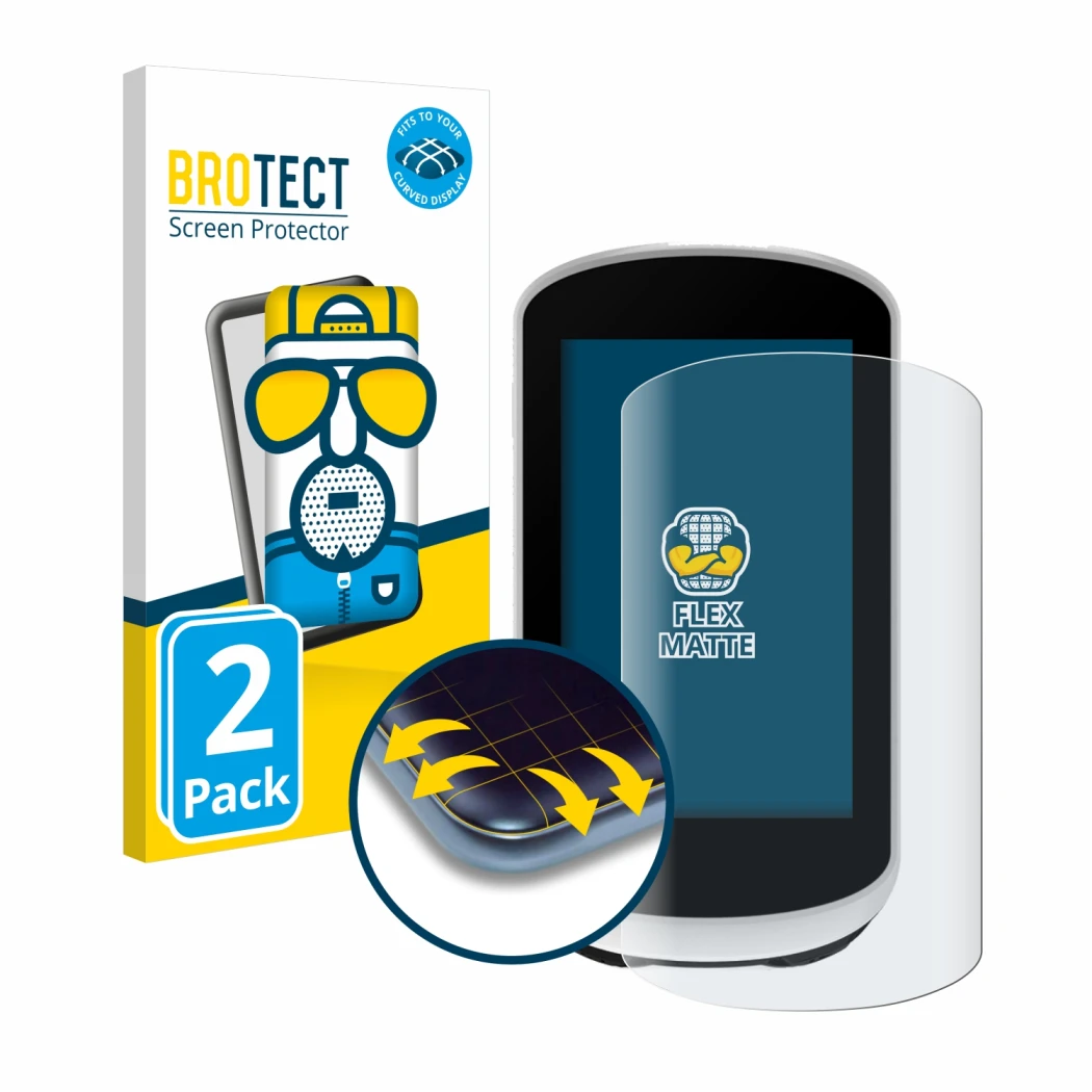 Parte frontale di una confezione del prodotto con il logo del marchio BROTECT. Accanto è raffigurato il dispositivo Garmin Edg