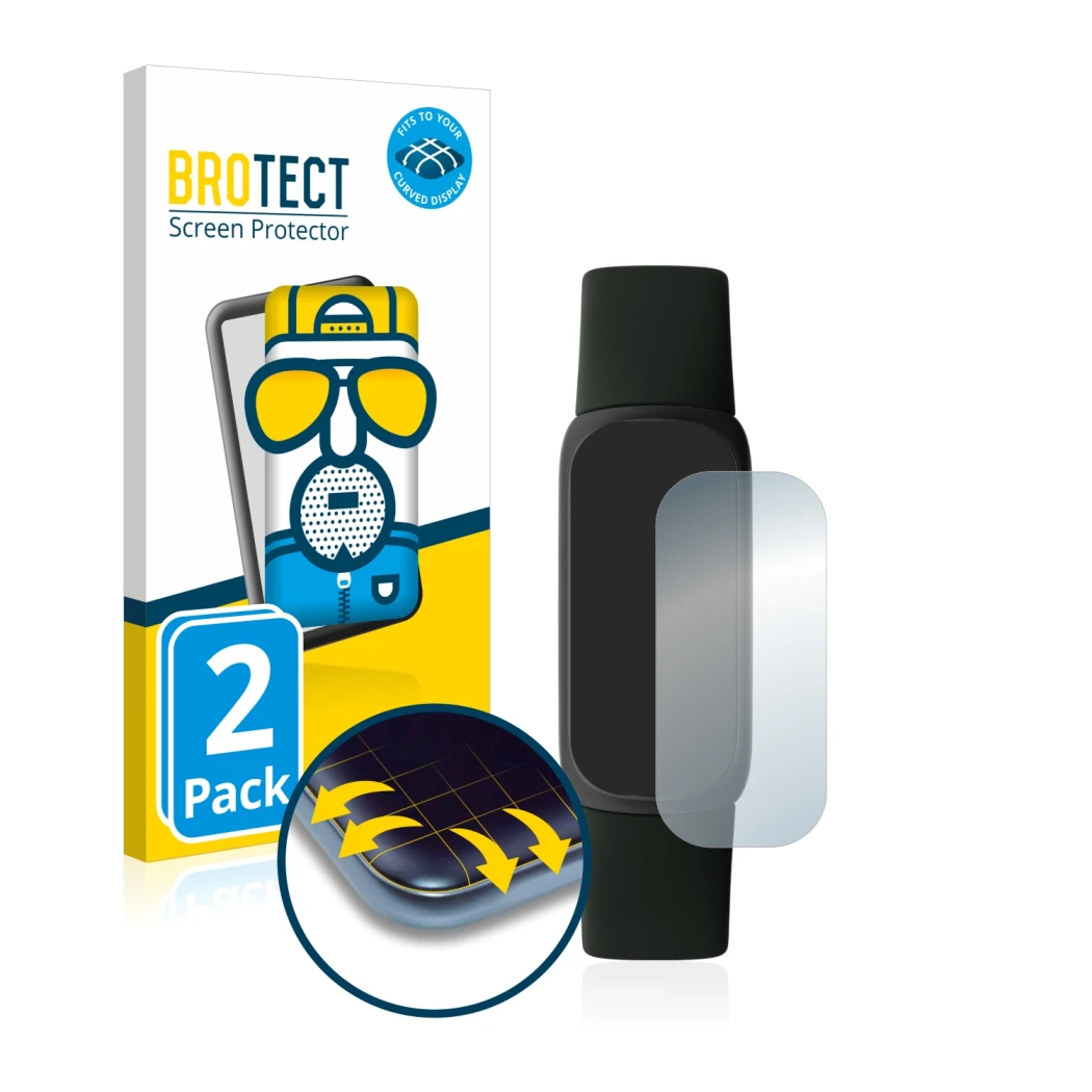 Parte frontale di una confezione del prodotto con il logo del marchio BROTECT. Accanto è raffigurato il dispositivo Fitbit Ins