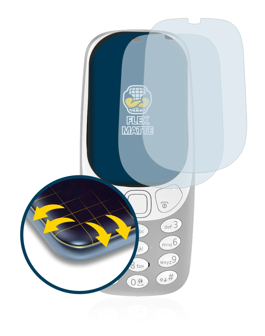 Immagine del dispositivo Nokia 3310 (2017) con un'ampia varietà di protezioni per lo schermo.