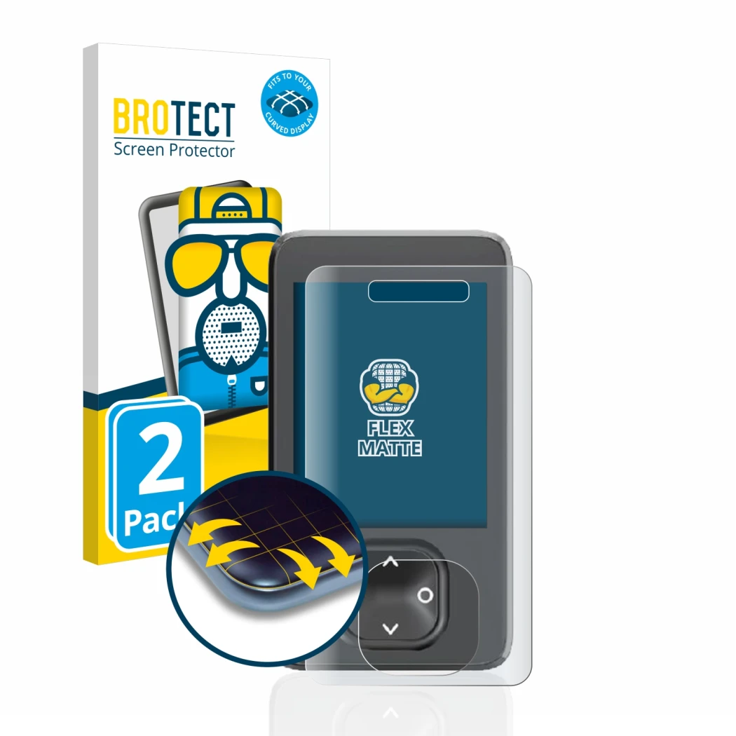 Parte frontale di una confezione del prodotto con il logo del marchio BROTECT. Accanto è raffigurato il dispositivo Dexcom G7