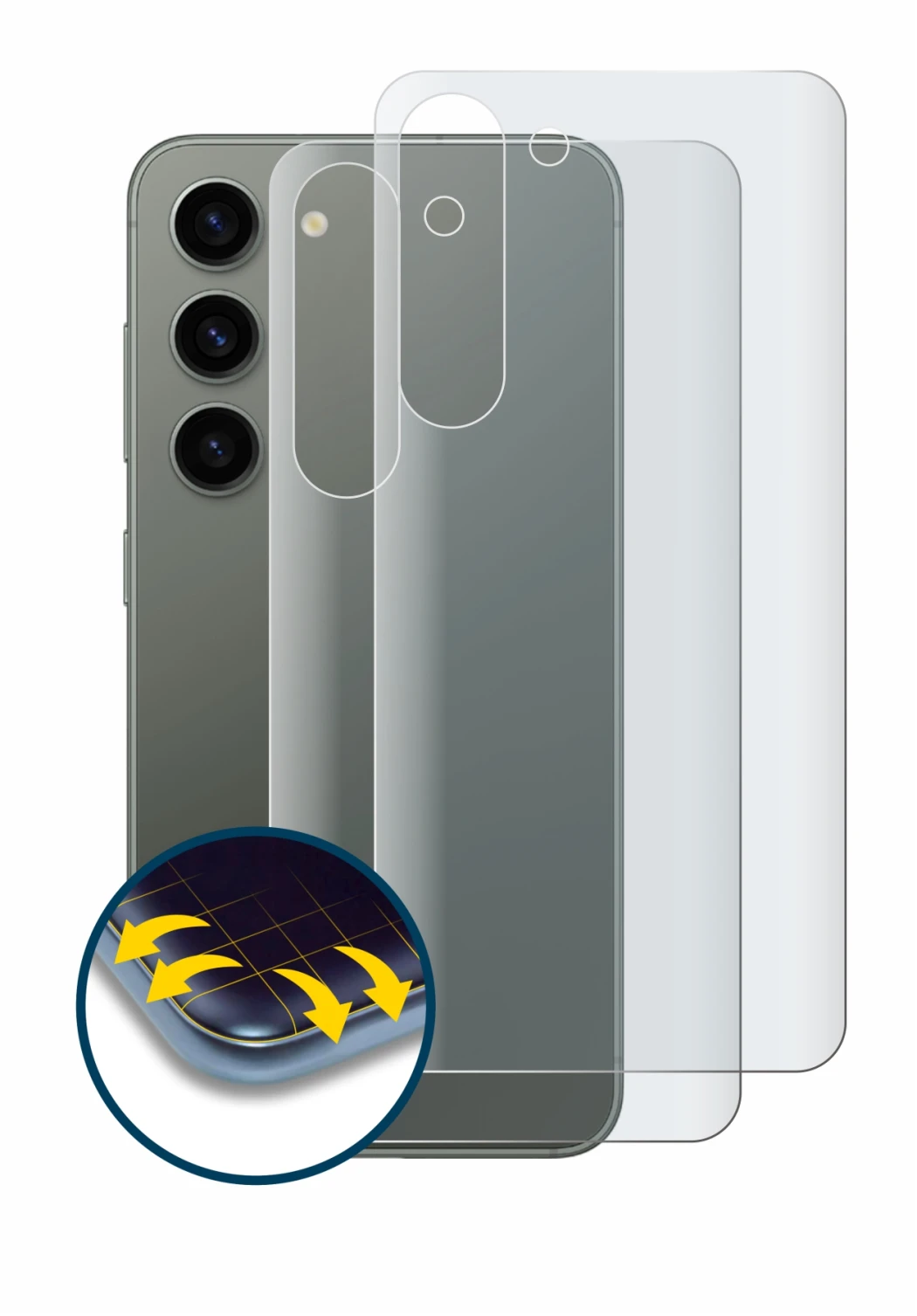 Immagine del dispositivo Samsung Galaxy S23 (Posteriore) con un'ampia varietà di protezioni per lo schermo.