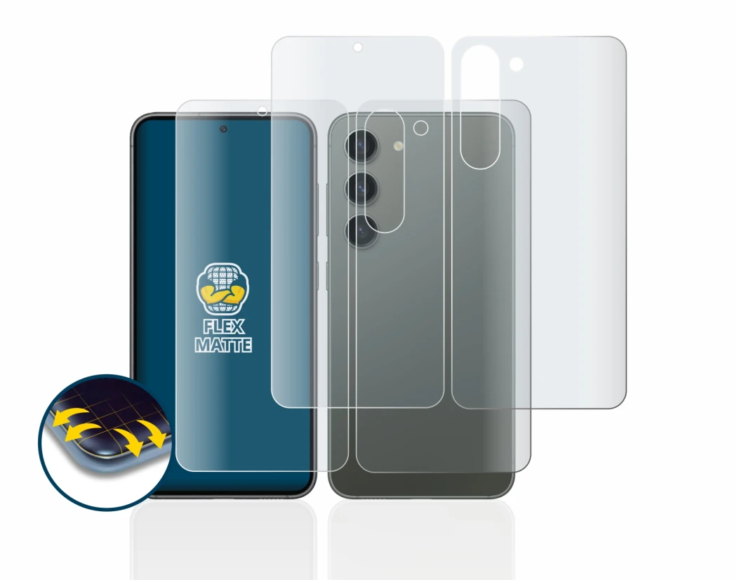 Immagine del dispositivo Samsung Galaxy S23 (Fronte+Retro) con un'ampia varietà di protezioni per lo schermo.