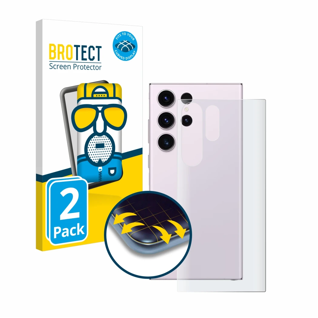 Parte frontale di una confezione del prodotto con il logo del marchio BROTECT. Accanto è raffigurato il dispositivo Samsung Ga