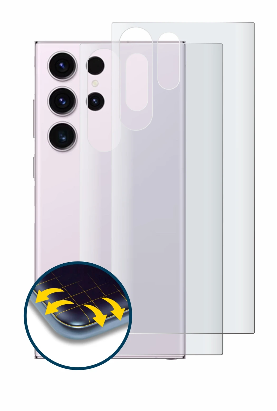 Immagine del dispositivo Samsung Galaxy S23 Ultra (Posteriore) con un'ampia varietà di protezioni per lo schermo.