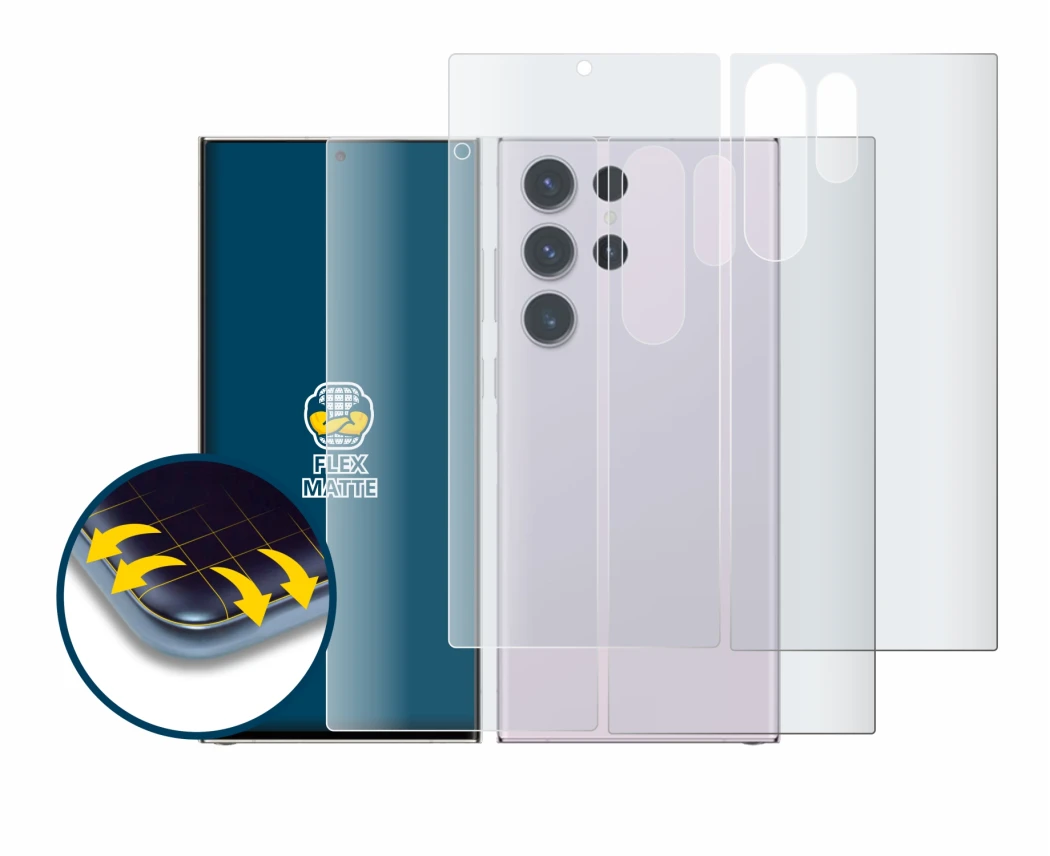 Immagine del dispositivo Samsung Galaxy S23 Ultra (Fronte+Retro) con un'ampia varietà di protezioni per lo schermo.