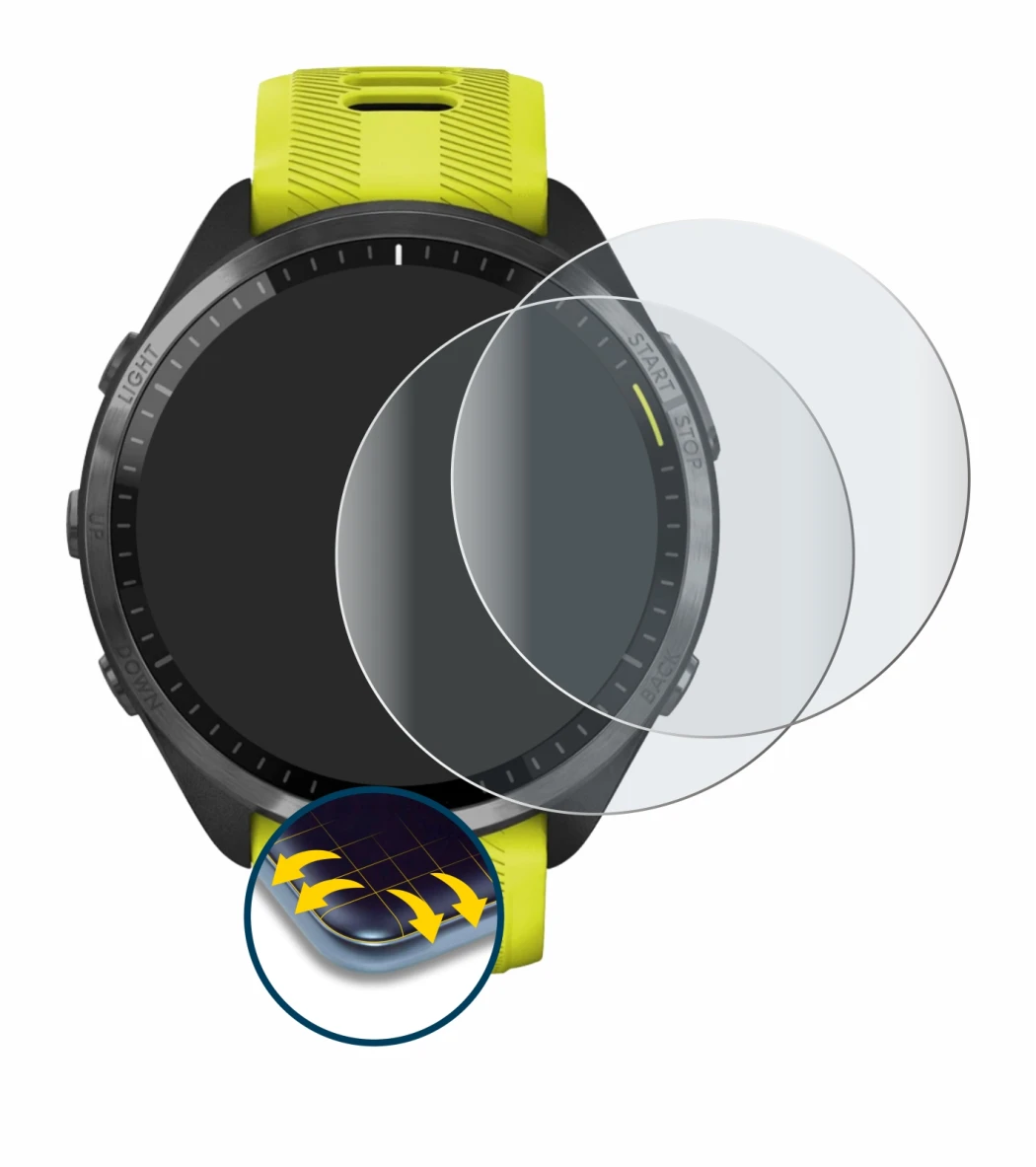 Immagine del dispositivo Garmin Forerunner 965 con un'ampia varietà di protezioni per lo schermo.