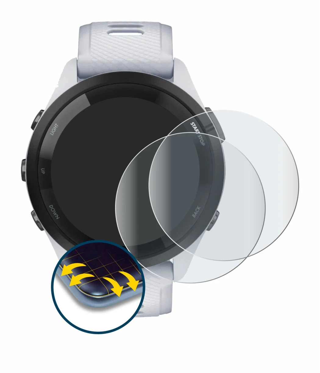 Immagine del dispositivo Garmin Forerunner 265 (46 mm) con un'ampia varietà di protezioni per lo schermo.